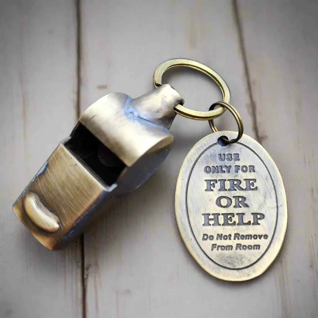 Fire Or Help Solid Brass Fire Department Tag & Whistle (2" Long) - Jones Peak