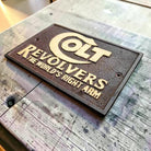 Colt Revolvers Cast Iron Plaque With Raised Lettering & Antique Finish (6.25 x 4.25") - Jones Peak