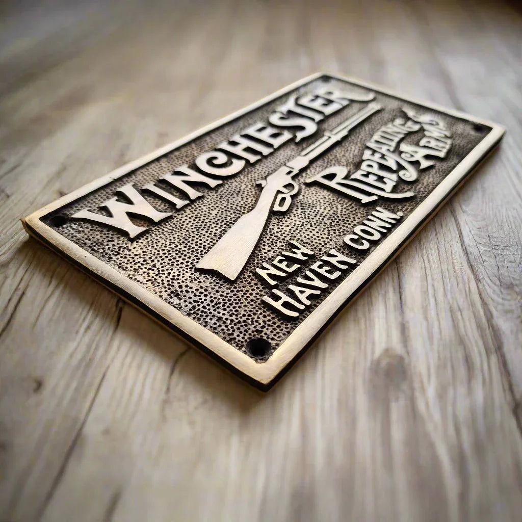 Winchester Repeating Arms Solid Brass Plaque With Raised Lettering (6.75" x 3.75") - Jones Peak