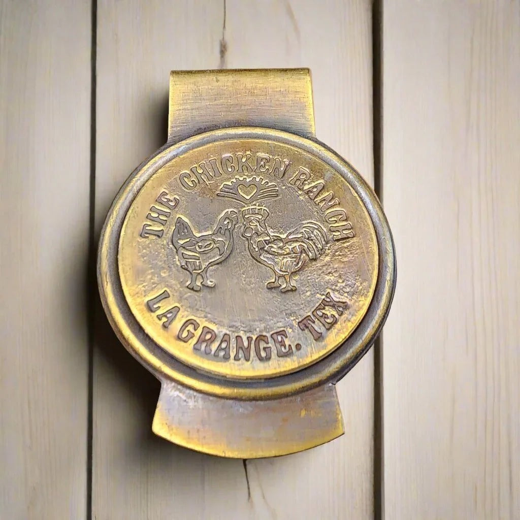 Chicken Ranch Le Grange Texas Solid Brass Money Clip With Raised Lettering & Antique Finish (3" x 2.25") - Jones Peak