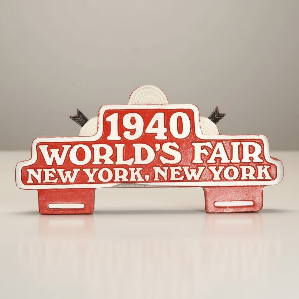Jones Peak 1940 World's Fair New York aluminum license plate topper with hand-painted antique patina.