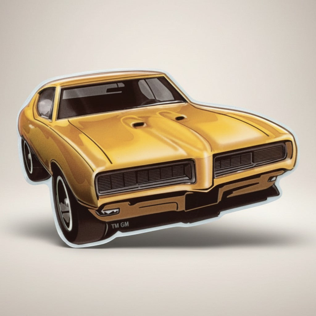 Jones Peak 1968 Pontiac embossed metal magnet, yellow classic car design