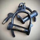 Jones Peak Alcatraz Prison cast iron adjustable handcuffs with brass tag and key, antique finish.