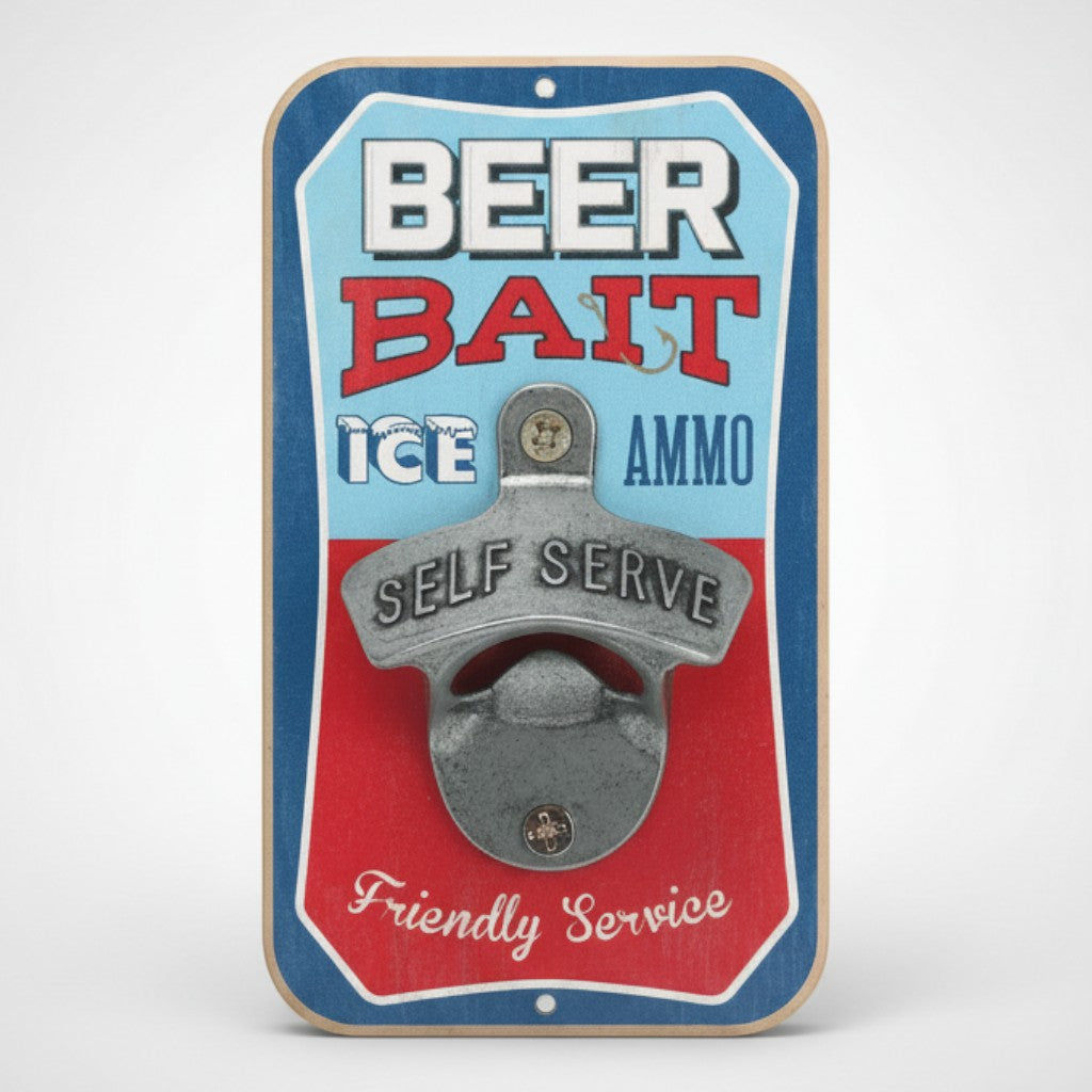 Jones Peak Beer, Bait, Ice & Ammo wall bottle opener with a vintage design, featuring red, blue, and white text.