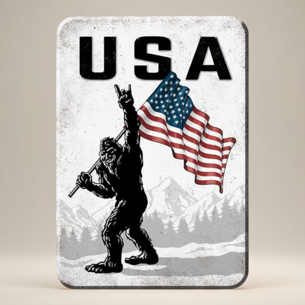Jones Peak Bigfoot Sasquatch holding USA flag magnet with rocky mountains and pine trees in background.