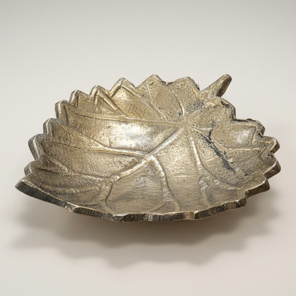 Jones Peak solid brass leaf-shaped trinket dish with hand-antiqued finish, perfect for keys or rings.