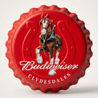 Budweiser Clydesdales bottle cap metal sign with horse team artwork and brewery branding
