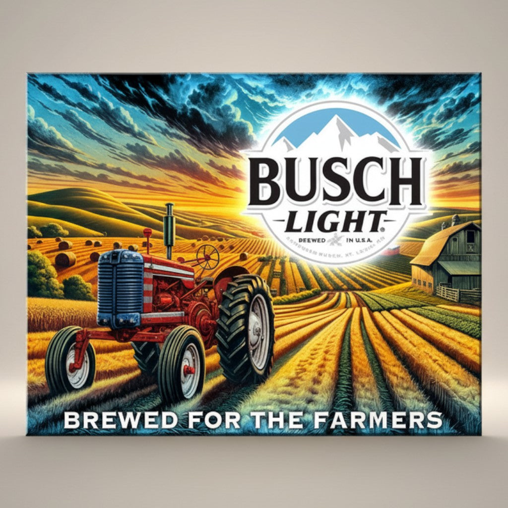 Busch Light Farmers metal sign with red tractor in a field at sunset and Busch Light logo