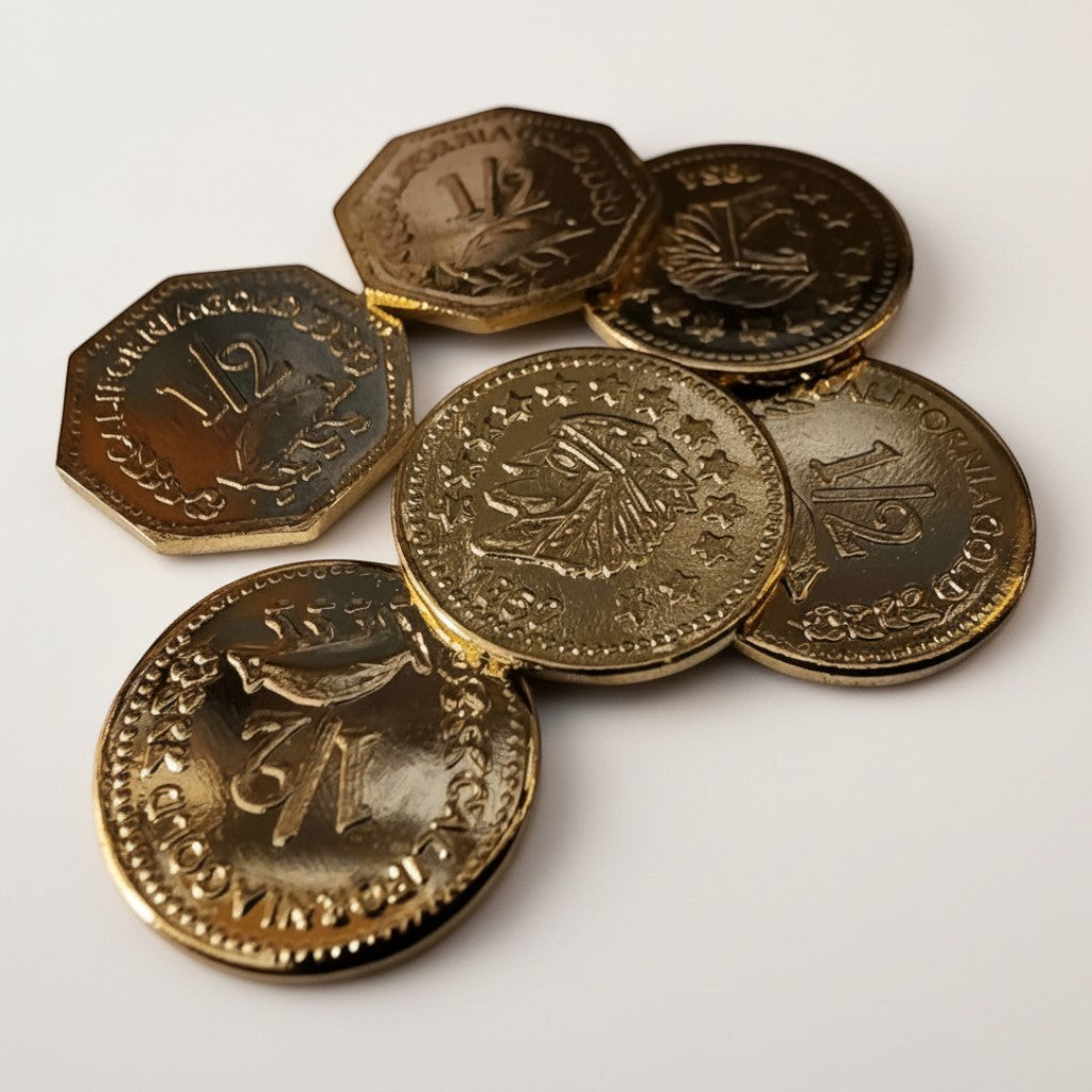 Jones Peak California Territorial Coin Set, 24K gold-plated metal, features 6 coins with antique detail and historical designs.