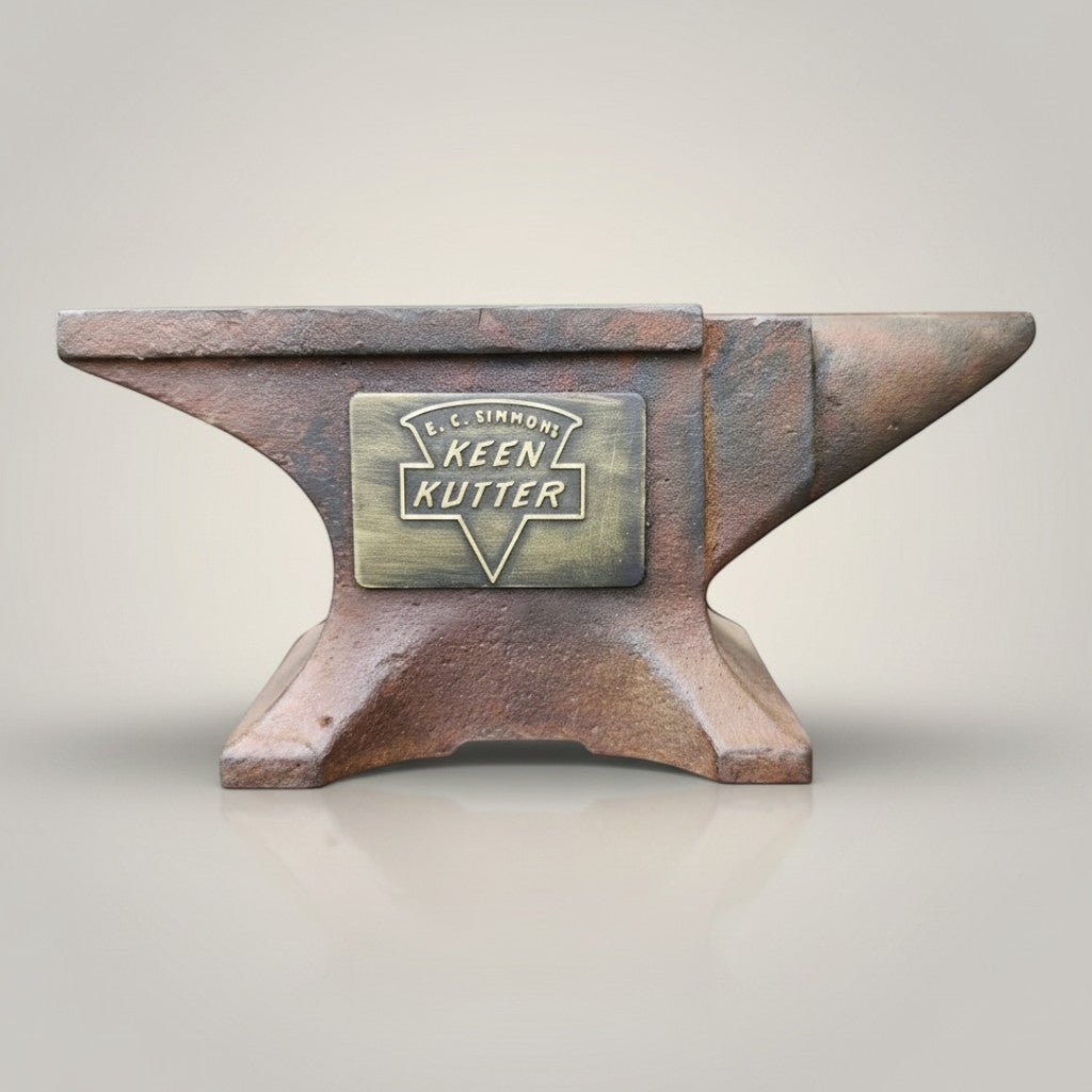 Jones Peak cast iron anvil paperweight with distressed finish and Keen Kutter emblem. Industrial decor.
