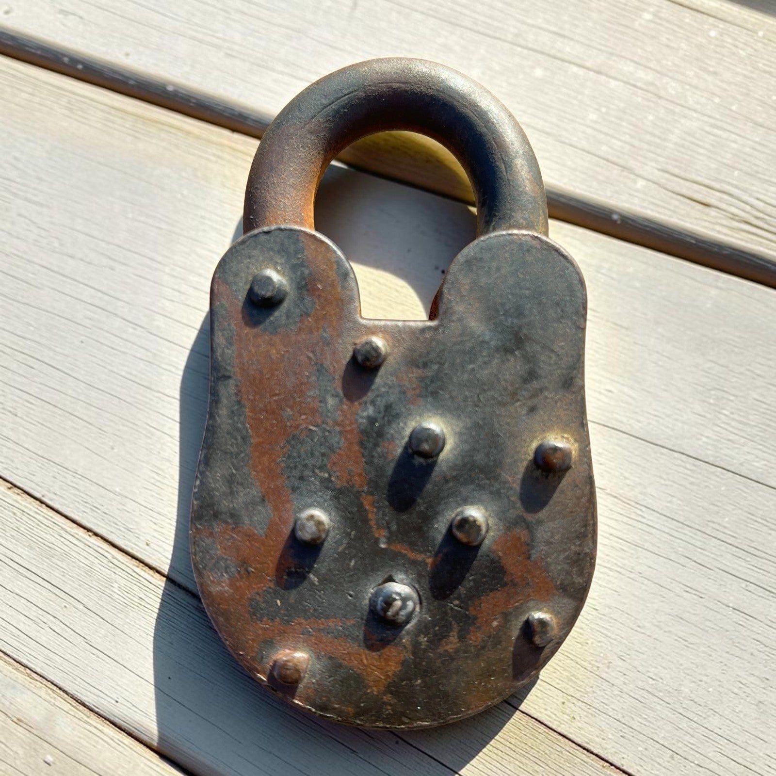 Jones Peak 1860 Pony Express cast iron lock with brass tag and keys. Antique distressed finish.