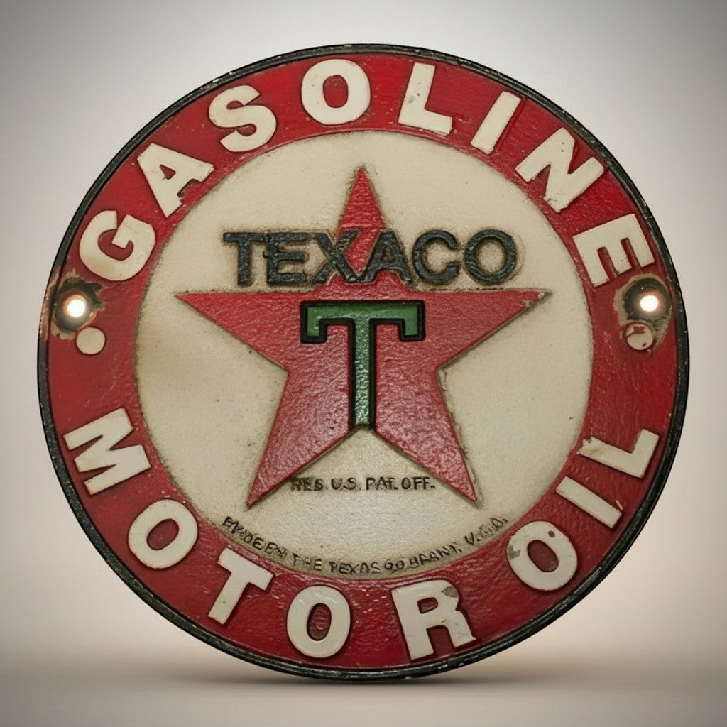 Jones Peak Gas Station 1902 Cast Iron Plaque with Texaco logo, red and white.