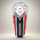 Jones Peak Chevrolet Corvette Logo Thermometer, embossed metal with red and silver accents, vintage wall decor.