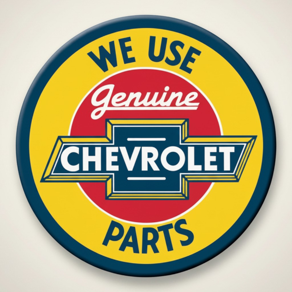 Jones Peak Chevrolet Genuine Parts round metal magnet with vintage logo. Features yellow, red, and blue.