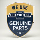 Jones Peak Chevrolet Genuine Parts shield metal magnet with vintage distressed finish. Features yellow and navy blue colors.