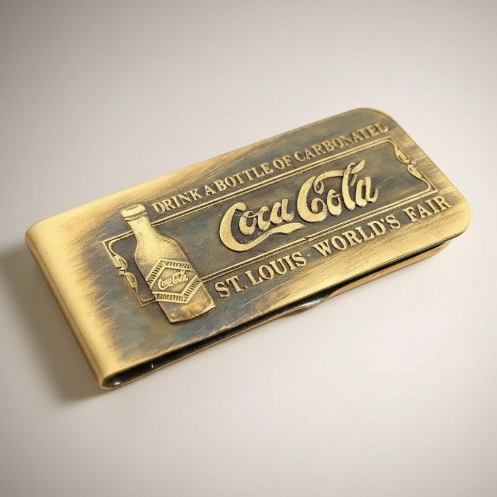 Jones Peak Coca-Cola St Louis World's Fair 1904 solid brass money clip with embossed bottle and text. Antique finish.