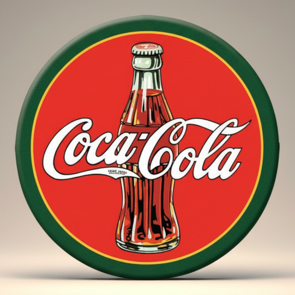 Jones Peak Coca-Cola 1930s vintage bottle logo magnet, round metal with red background and green border.