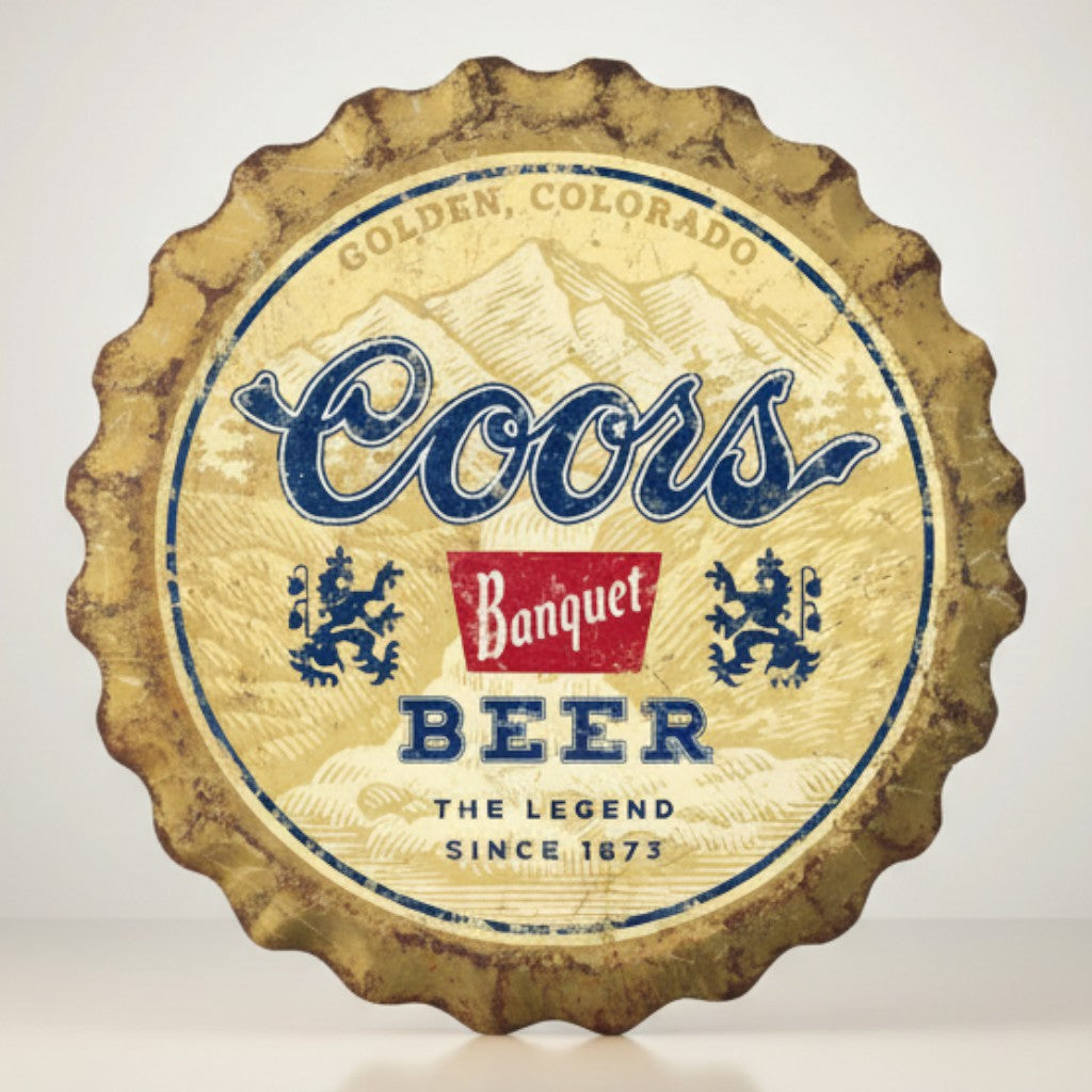 Coors Banquet weathered bottle cap metal sign with distressed beer logo artwork