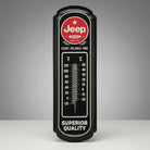 Jones Peak Jeep Glow-in-the-Dark Wall Thermometer, black embossed metal with vintage Jeep logo and temperature gauge.