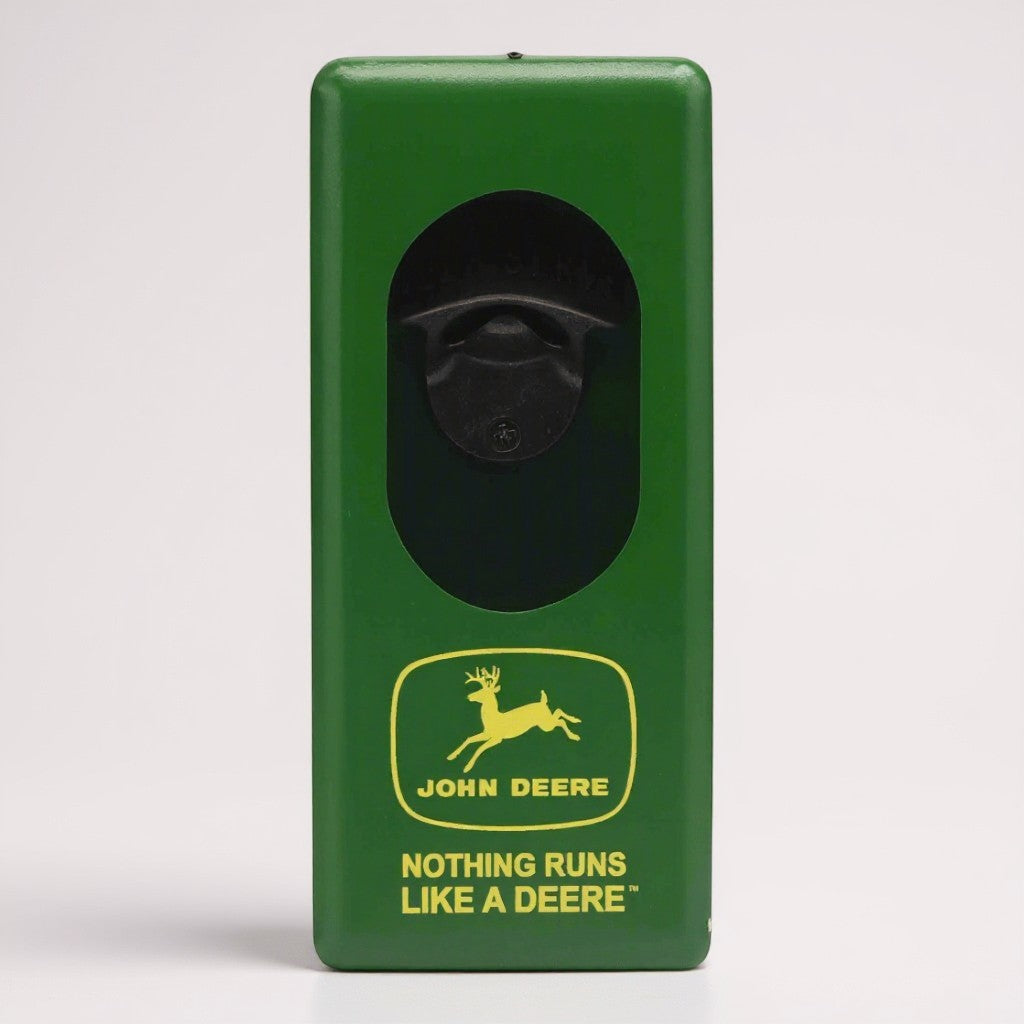 Jones Peak John Deere metal wall bottle opener with deer logo and slogan. Green with yellow accents.