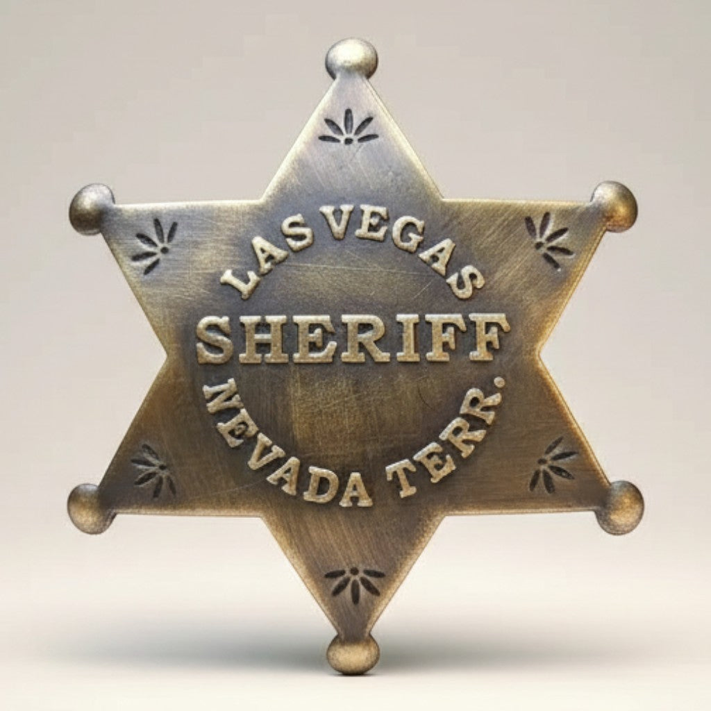 Jones Peak Las Vegas Nevada Territory Sheriff star badge, solid brass with antiqued finish. Decorative reproduction.