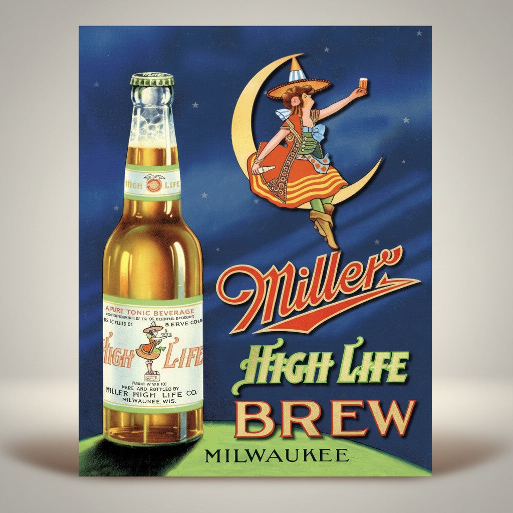 Jones Peak Miller High Life Brew Metal Sign featuring a vintage bottle and a woman on a crescent moon.