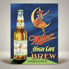 Jones Peak Miller High Life Brew Metal Sign featuring a vintage bottle and a woman on a crescent moon.