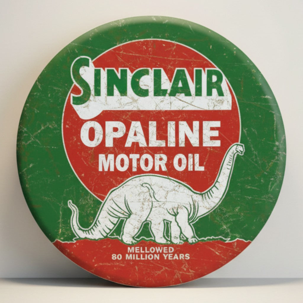 Jones Peak Sinclair Opaline Motor Oil round metal magnet with a vintage dinosaur graphic.