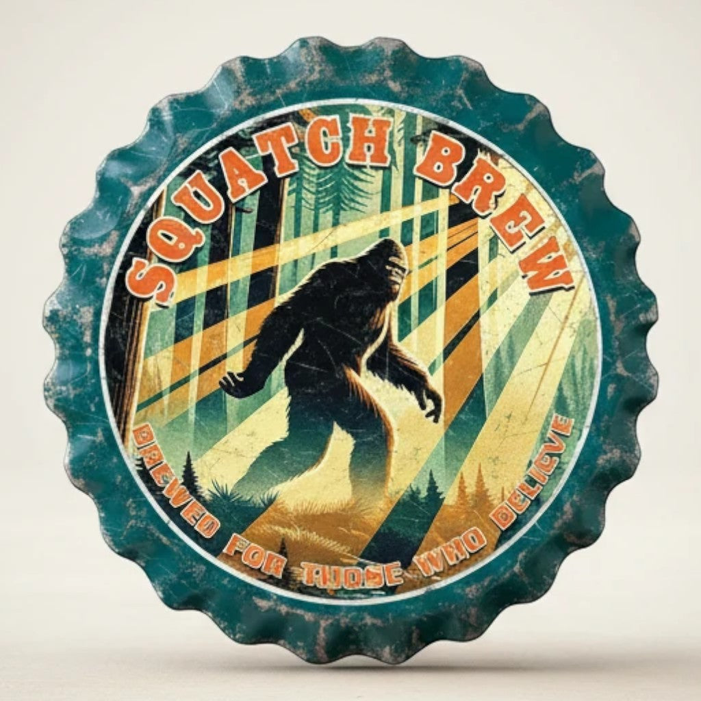 Squatch Brew bottle cap metal sign with Bigfoot silhouette in a forest setting