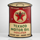 Jones Peak aluminum plaque shaped like a Texaco Motor Oil can, with red and cream colors and vintage patina.