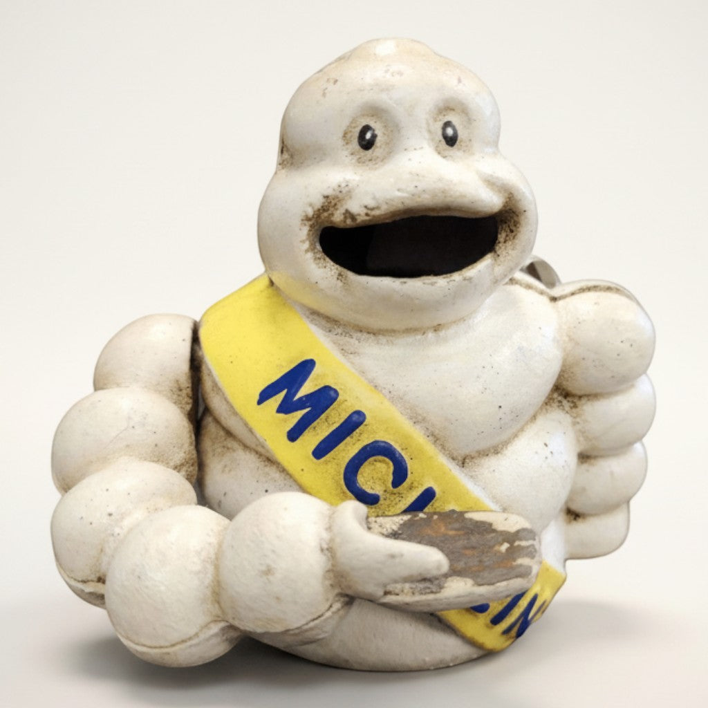 Jones Peak Tire Man 1889 cast iron mechanical coin bank with antique painted finish and Michelin sash.