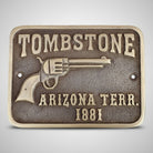 Jones Peak Tombstone Arizona Territory solid brass plaque with raised details and antique finish, featuring a vintage revolver.