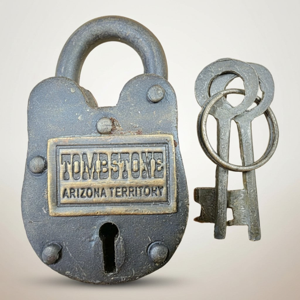 Jones Peak Tombstone Arizona Territory cast iron lock with brass tag and two keys. Antique distressed finish.