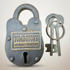 Jones Peak Tombstone Arizona Territory cast iron lock with brass tag and two keys. Antique distressed finish.