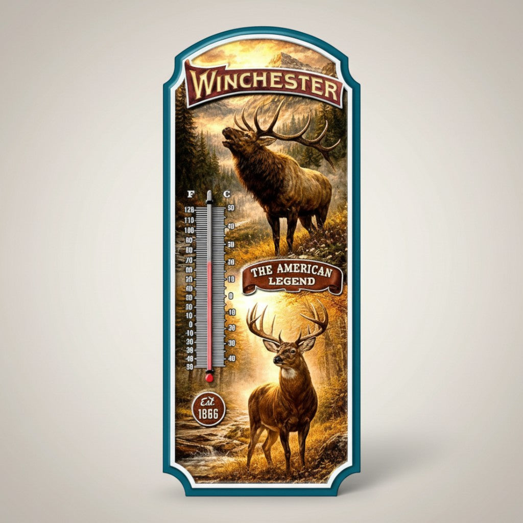 Jones Peak Winchester The American Legend thermometer with embossed metal construction featuring elk and deer in a forest scene.