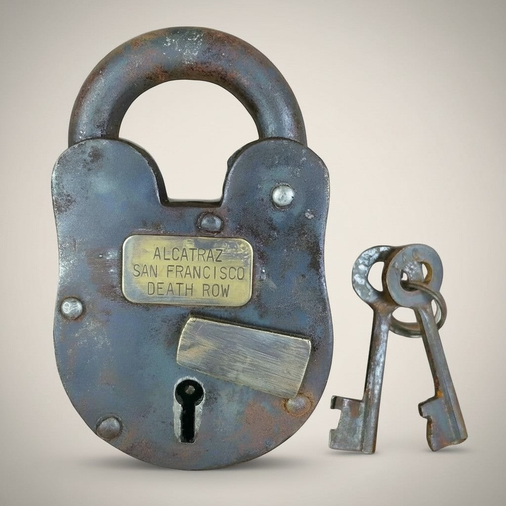 Jones Peak Alcatraz prison cast iron lock with keys, distressed finish, for display and decor.