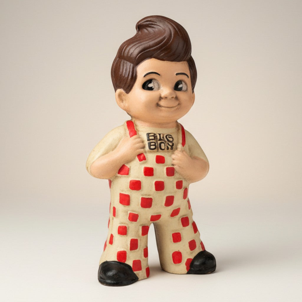 Jones Peak Big Boy mascot coin bank, cast iron with hand-painted antique patina, red and white checkered overalls.