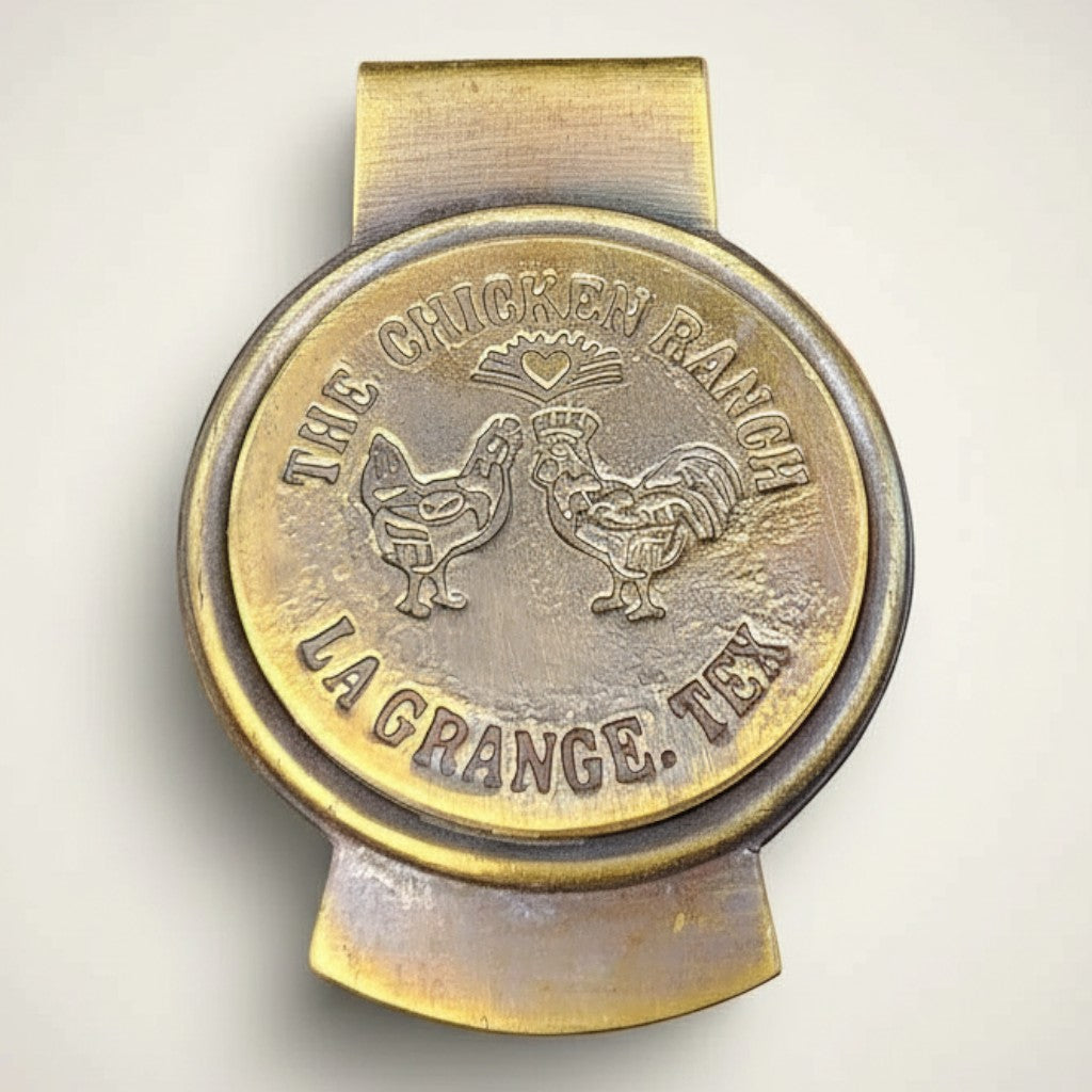 Jones Peak Chicken Ranch La Grange Texas solid brass money clip with antique finish and raised lettering featuring two chickens.