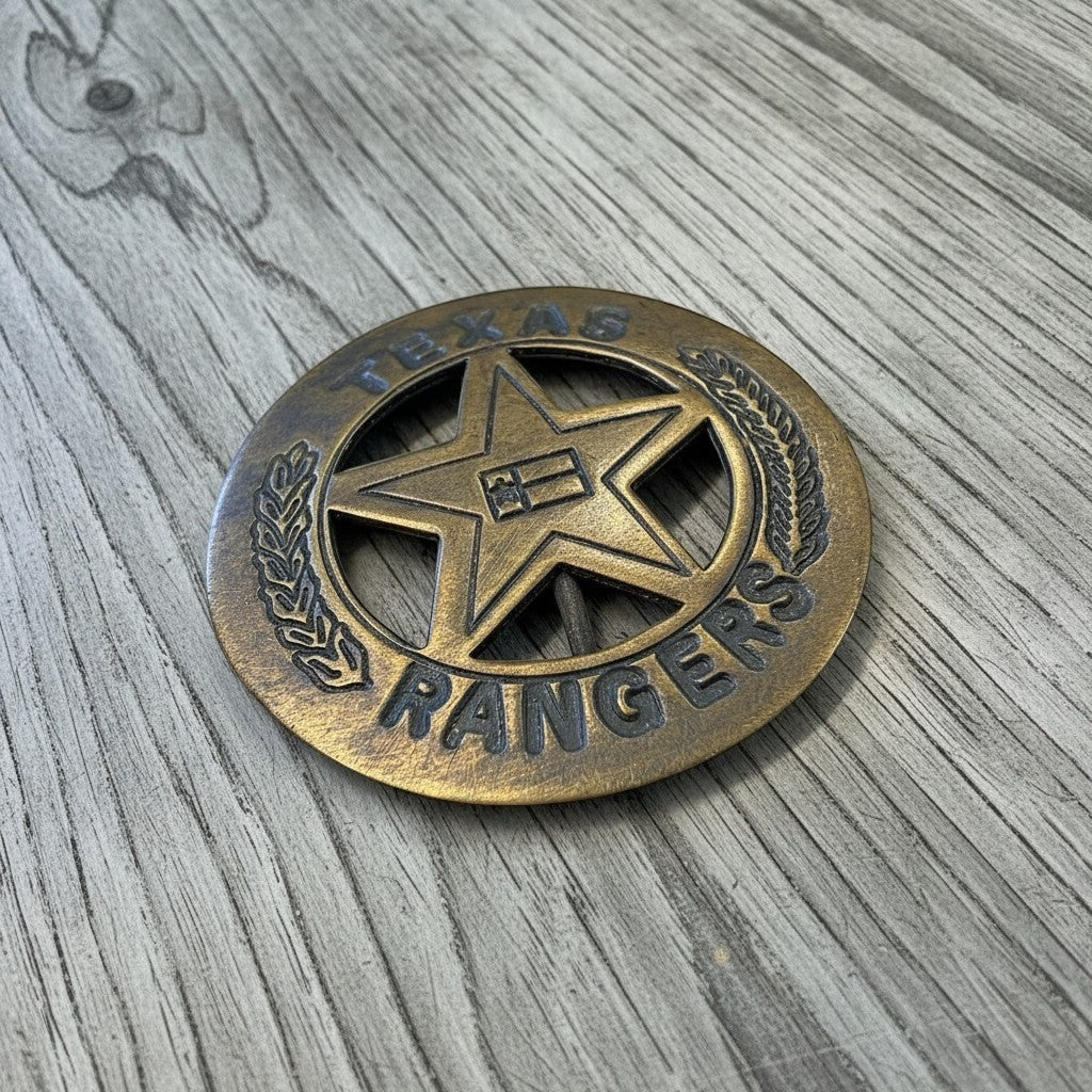 Jones Peak antique brass Texas Rangers star badge with laurel wreath detail. Decorative reproduction with pin back.