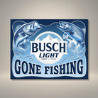 Jones Peak Busch Light Gone Fishing metal sign with two fish and mountains. American made, UV resistant inks, pre-drilled holes.