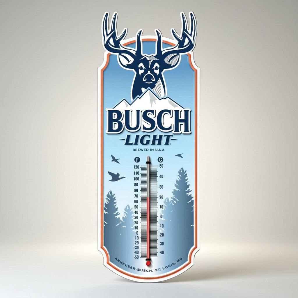 Jones Peak Busch Light embossed metal thermometer with deer and mountain graphic. Features temperature scale in Fahrenheit and Celsius.