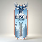 Jones Peak Busch Light embossed metal thermometer with deer and mountain graphic. Features temperature scale in Fahrenheit and Celsius.