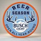 Jones Peak round metal sign with Busch Light logo, antlers, and text "BEER SEASON OPEN ALL YEAR-ROUND".