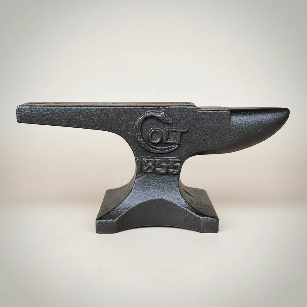Jones Peak Old West cast iron anvil paperweight with Colt 1855 logo, black antique finish.