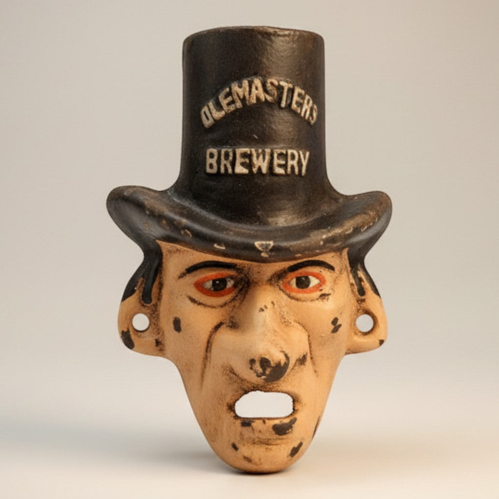 Jones Peak Warlock Brewery cast iron wall bottle opener shaped like a man in a top hat with a distressed, vintage look.