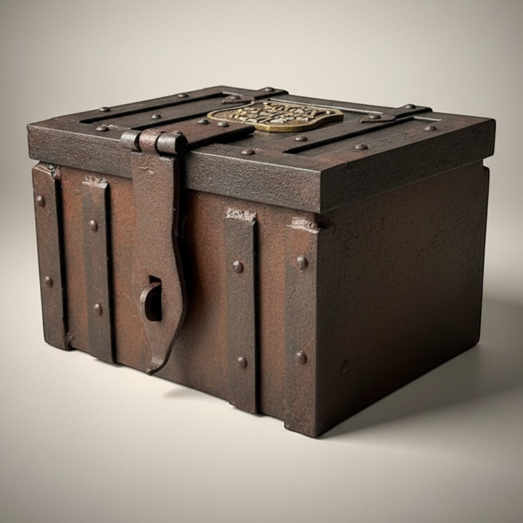 Jones Peak railroad route cast iron strong box with brass tag, distressed finish, decorative storage.