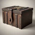 Jones Peak railroad route cast iron strong box with brass tag, distressed finish, decorative storage.