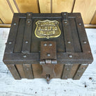 Jones Peak railroad route cast iron strong box with brass tag and latch. Distressed dark metal finish.