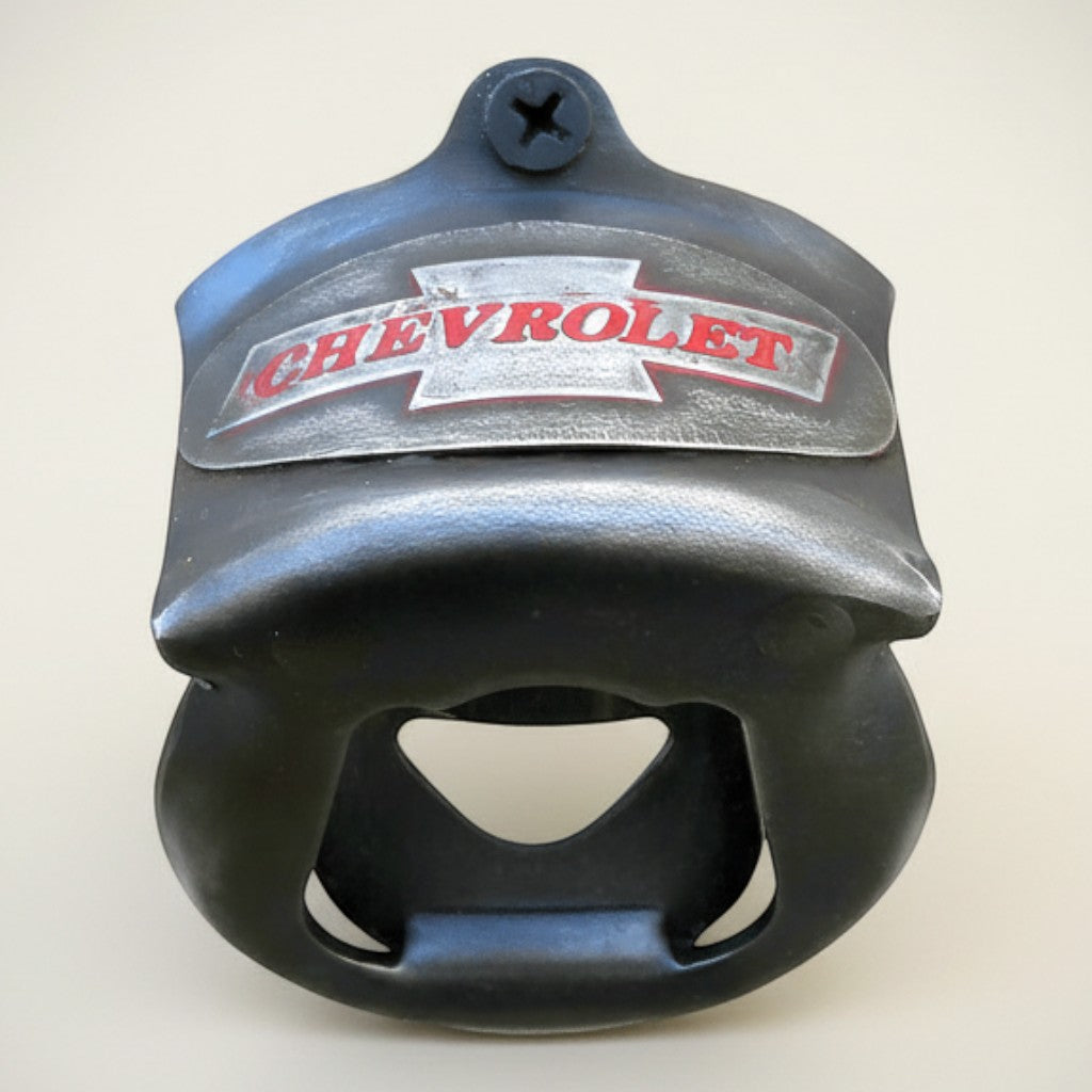 Jones Peak vintage Chevrolet metal wall bottle opener with hand-painted antique finish.
