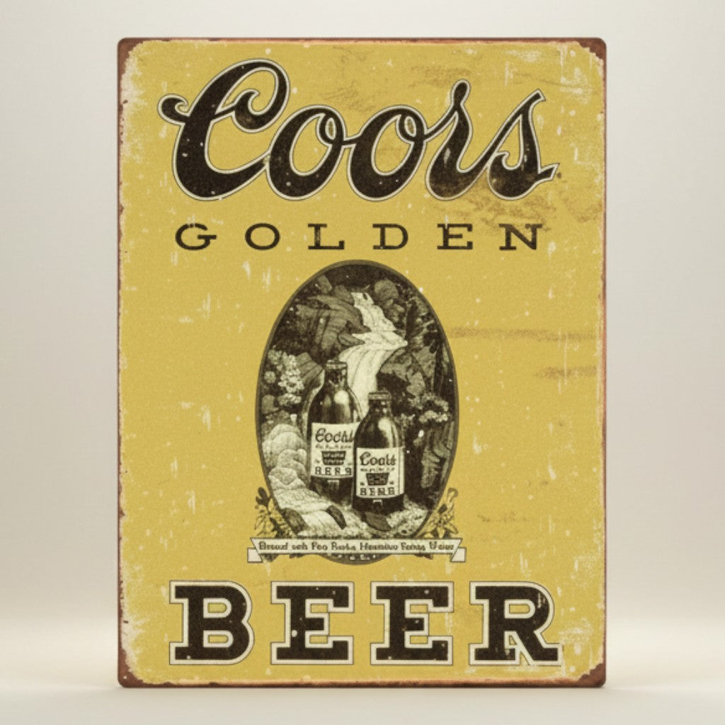 Jones Peak COORS Golden vintage metal sign with distressed yellow finish and classic beer bottles graphic.